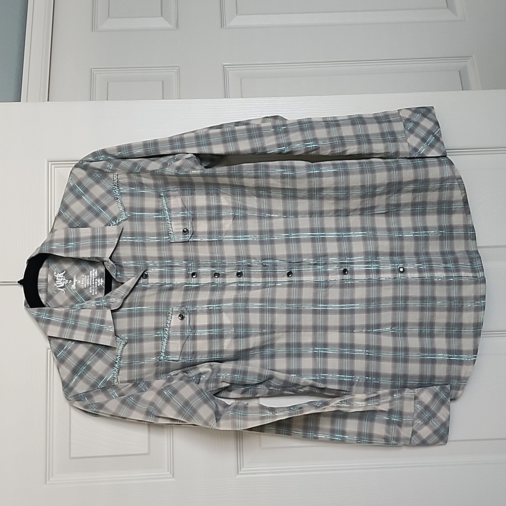 Grey and turquoise plaid snap button down